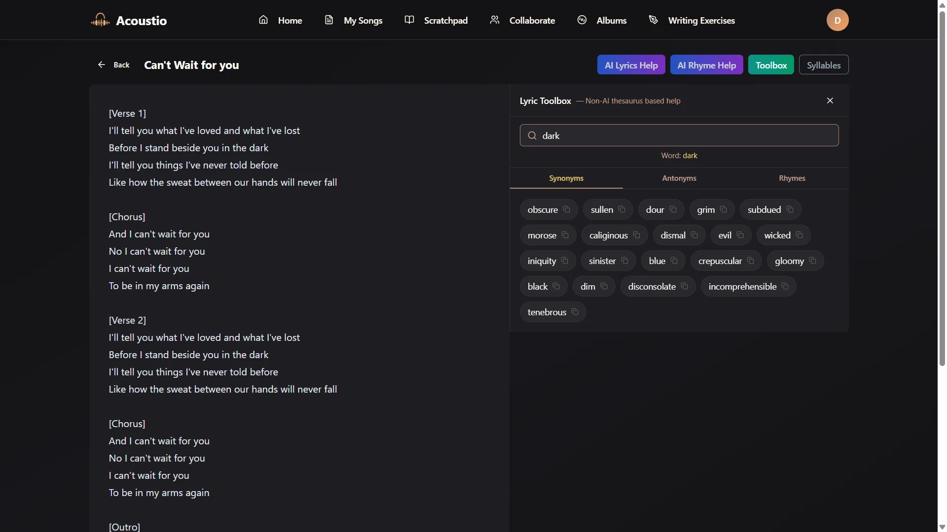 Acoustio app screenshot showing the lyric editor with toolbox