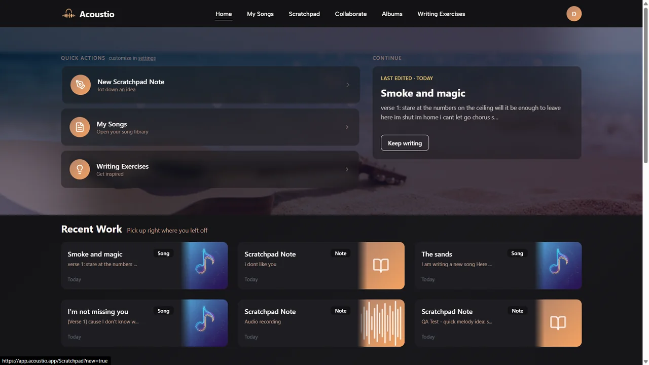 Acoustio home screen on desktop