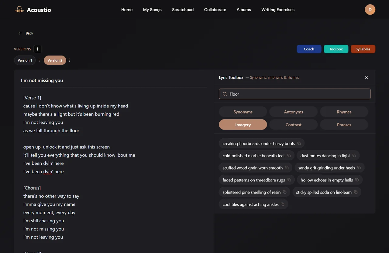 Acoustio lyric editor — writing a song in the focused editor
